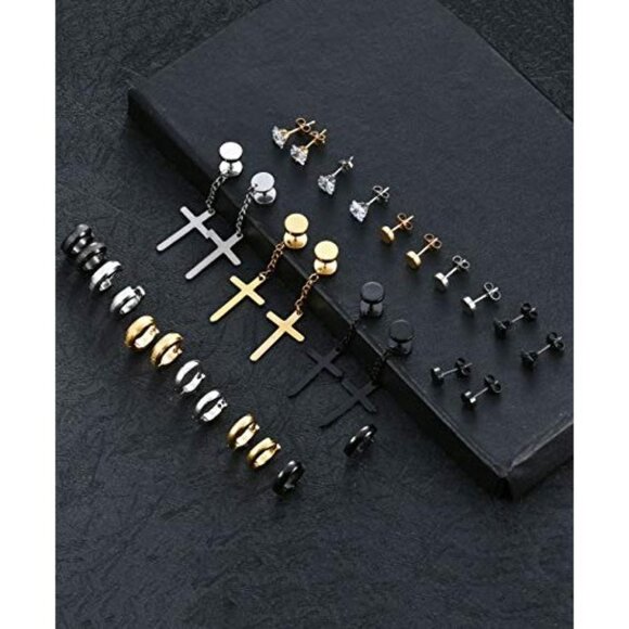 15 Pairs PUNK Stainless Steel Cross Dangle Hinged Earrings Hoop SET - Picture 5 of 6